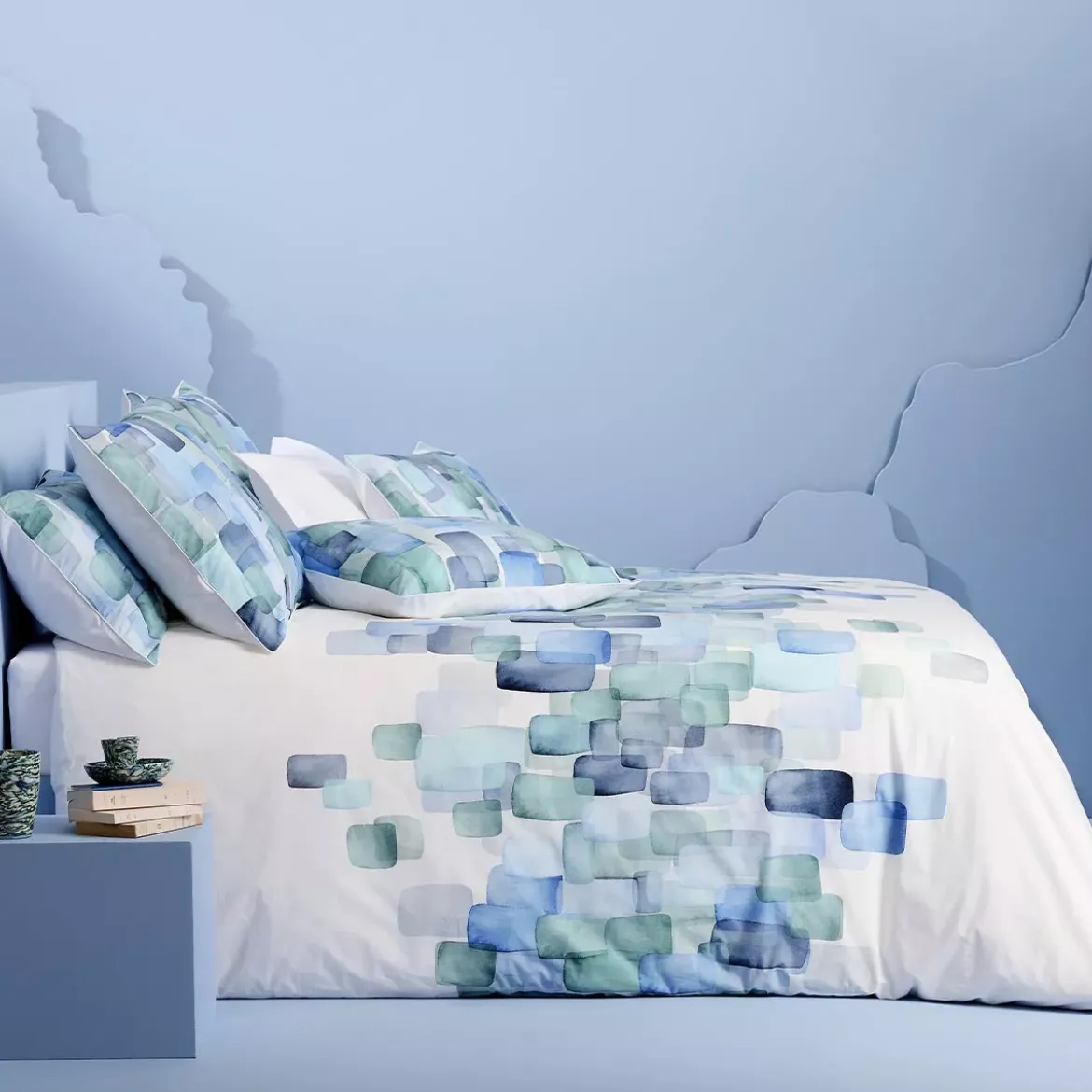 Lot h.couette +taies percale de coton 115 g/m² imprimé bleu vert Ondine mineral