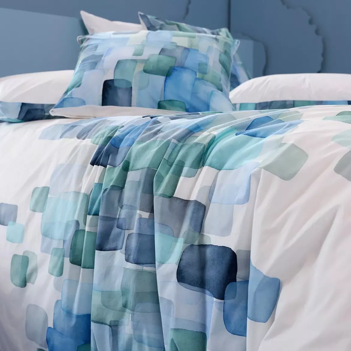 Lot h.couette +taies percale de coton 115 g/m² imprimé bleu vert Ondine mineral