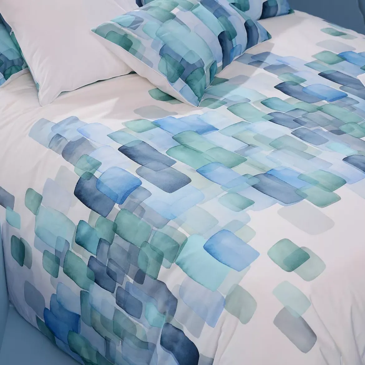 Lot h.couette +taies percale de coton 115 g/m² imprimé bleu vert Ondine mineral