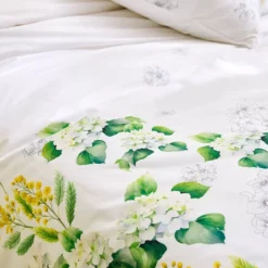 Lot h.couette +taies percale de coton imprimé blanc jaune Annabelle mimosa
