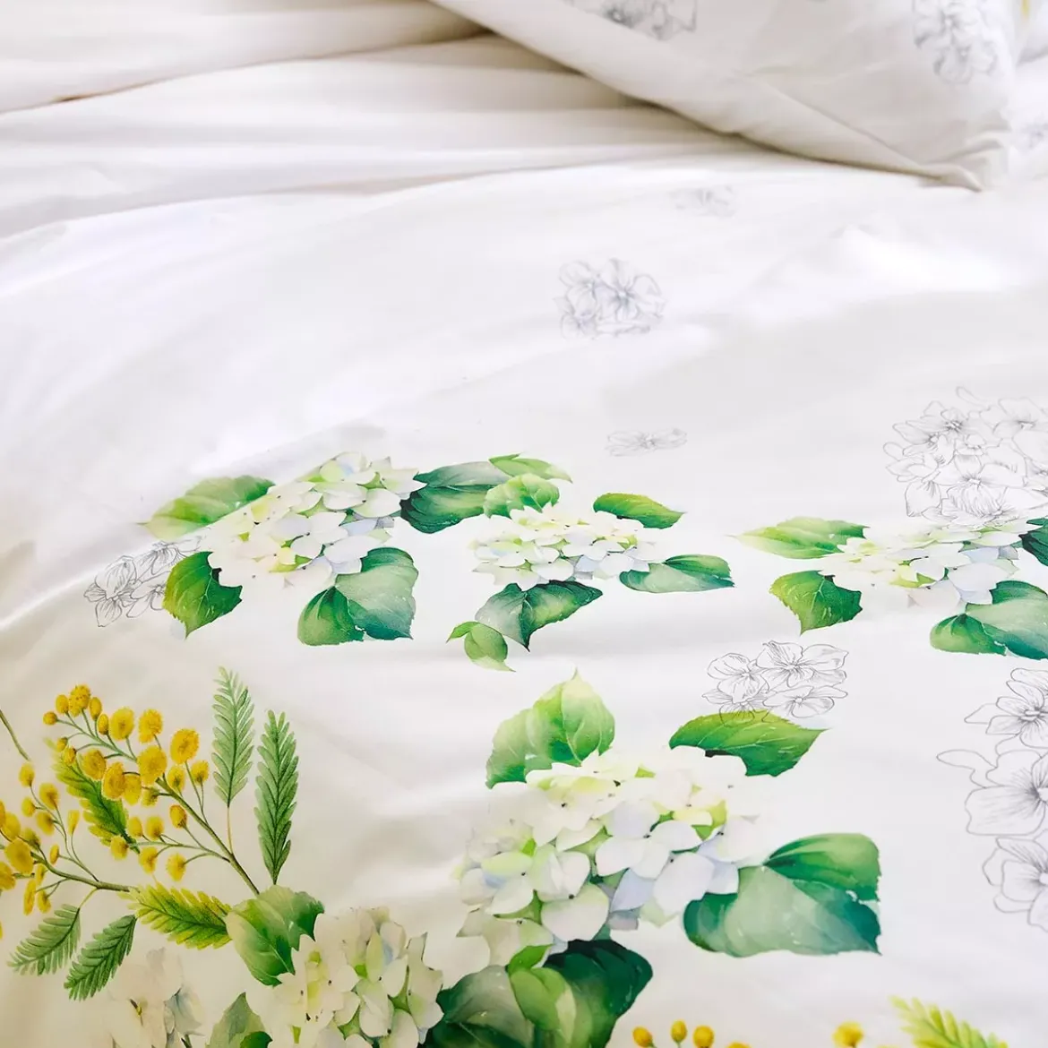 Lot h.couette +taies percale de coton imprimé blanc jaune Annabelle mimosa
