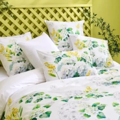 Lot h.couette +taies percale de coton imprimé blanc jaune Annabelle mimosa