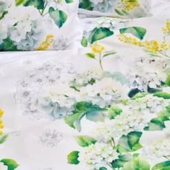 Lot h.couette +taies percale de coton imprimé blanc jaune Annabelle mimosa