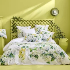 Lot h.couette +taies percale de coton imprimé blanc jaune Annabelle mimosa