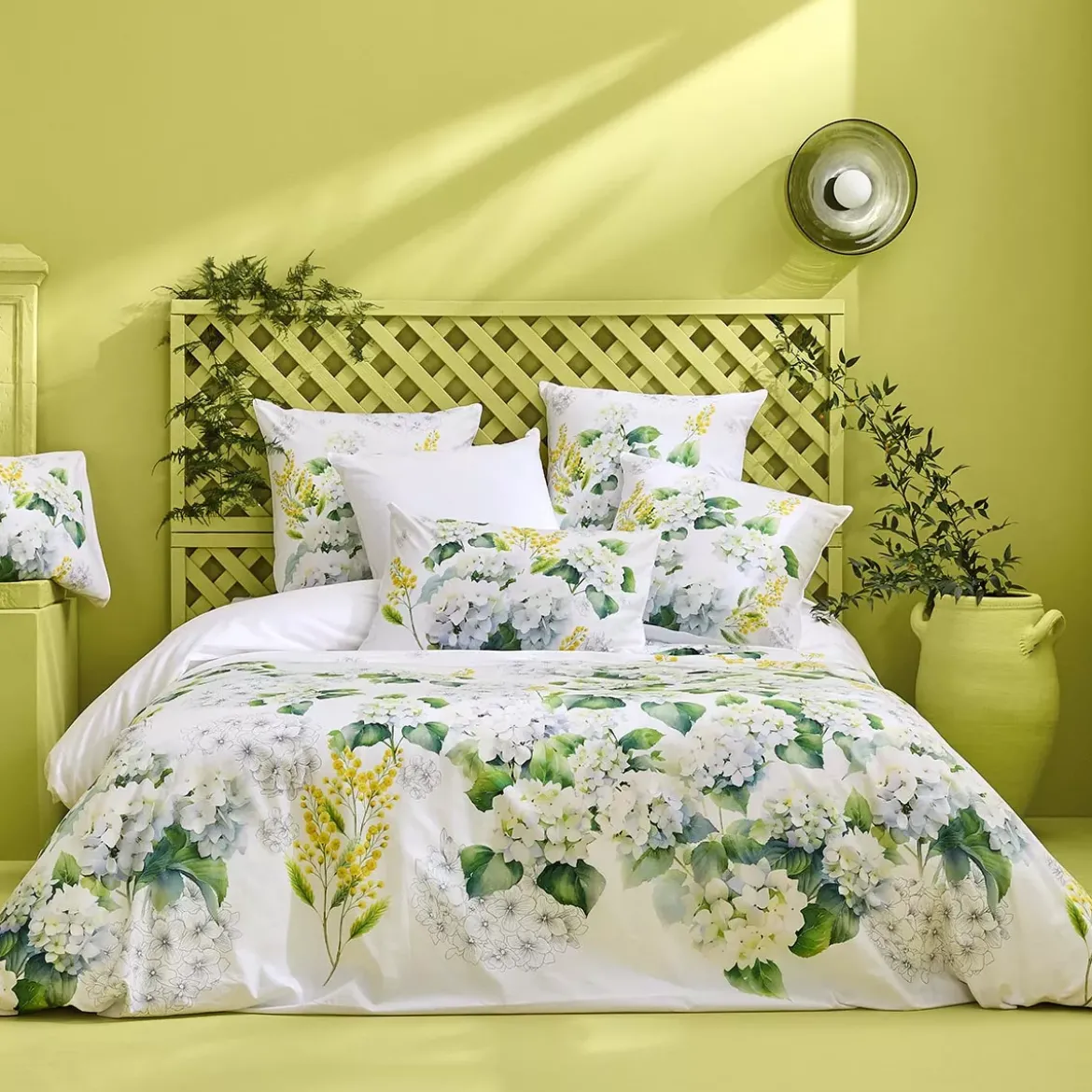 Lot h.couette +taies percale de coton imprimé blanc jaune Annabelle mimosa