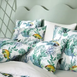 Lot h.couette +taies percale de coton imprimé blanc bleu Naia blanc