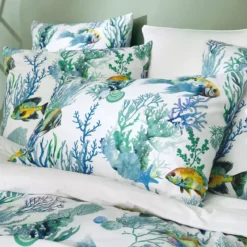 Lot h.couette +taies percale de coton imprimé blanc bleu Naia blanc