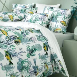 Lot h.couette +taies percale de coton imprimé blanc bleu Naia blanc