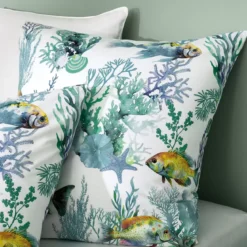 Lot h.couette +taies percale de coton imprimé blanc bleu Naia blanc
