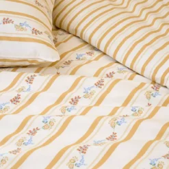 Lot h.couette +taies percale de coton lavé rayé jaune beige Honfleur paille