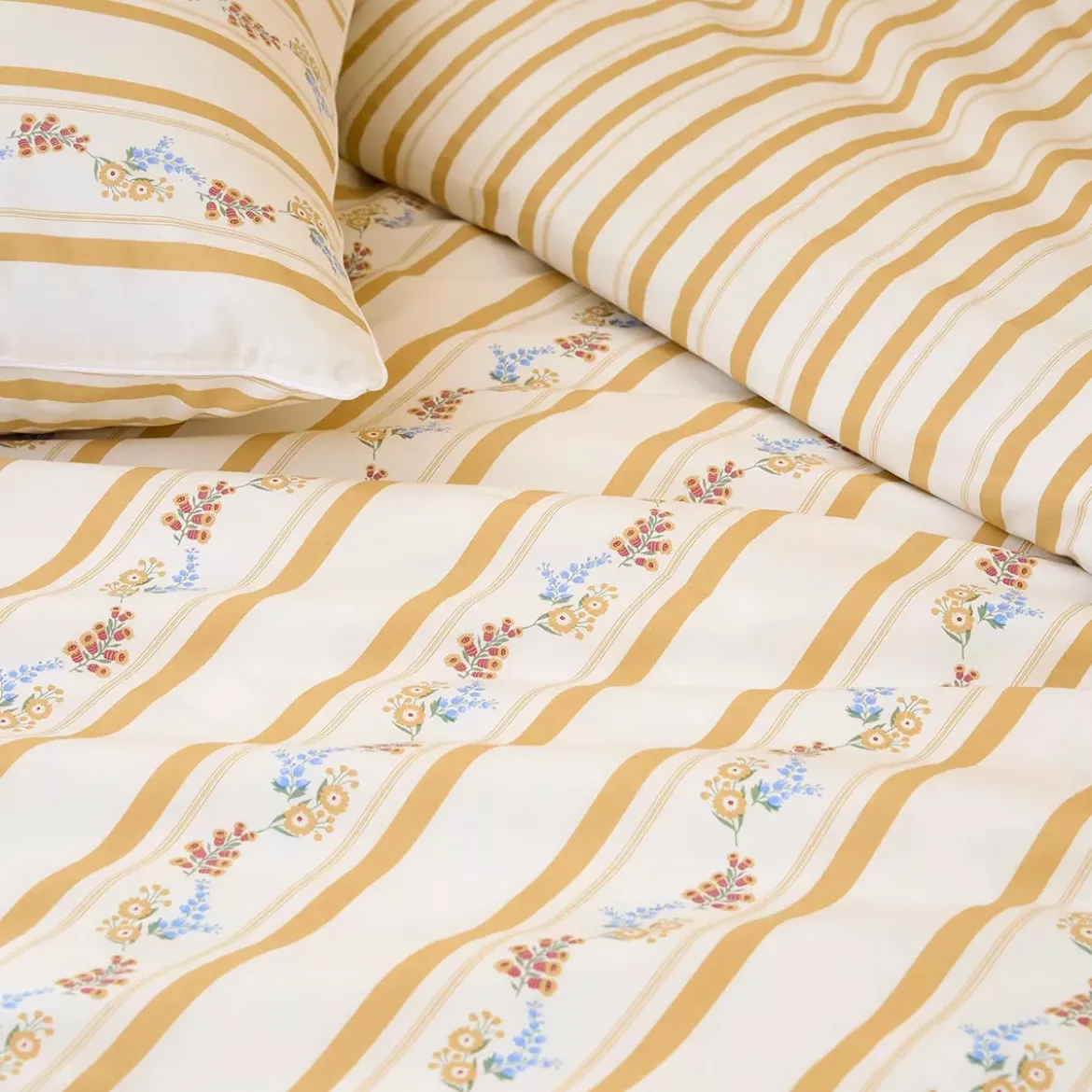 Lot h.couette +taies percale de coton lavé rayé jaune beige Honfleur paille