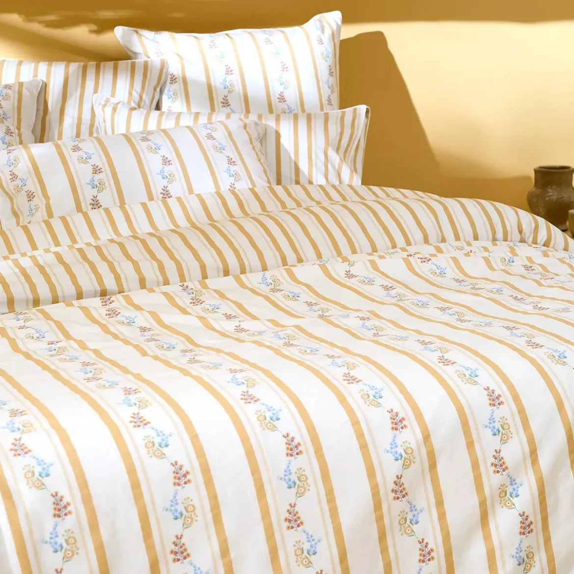 Lot h.couette +taies percale de coton lavé rayé jaune beige Honfleur paille