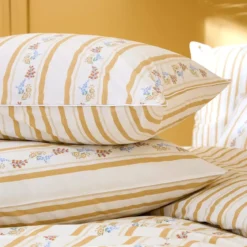 Lot h.couette +taies percale de coton lavé rayé jaune beige Honfleur paille