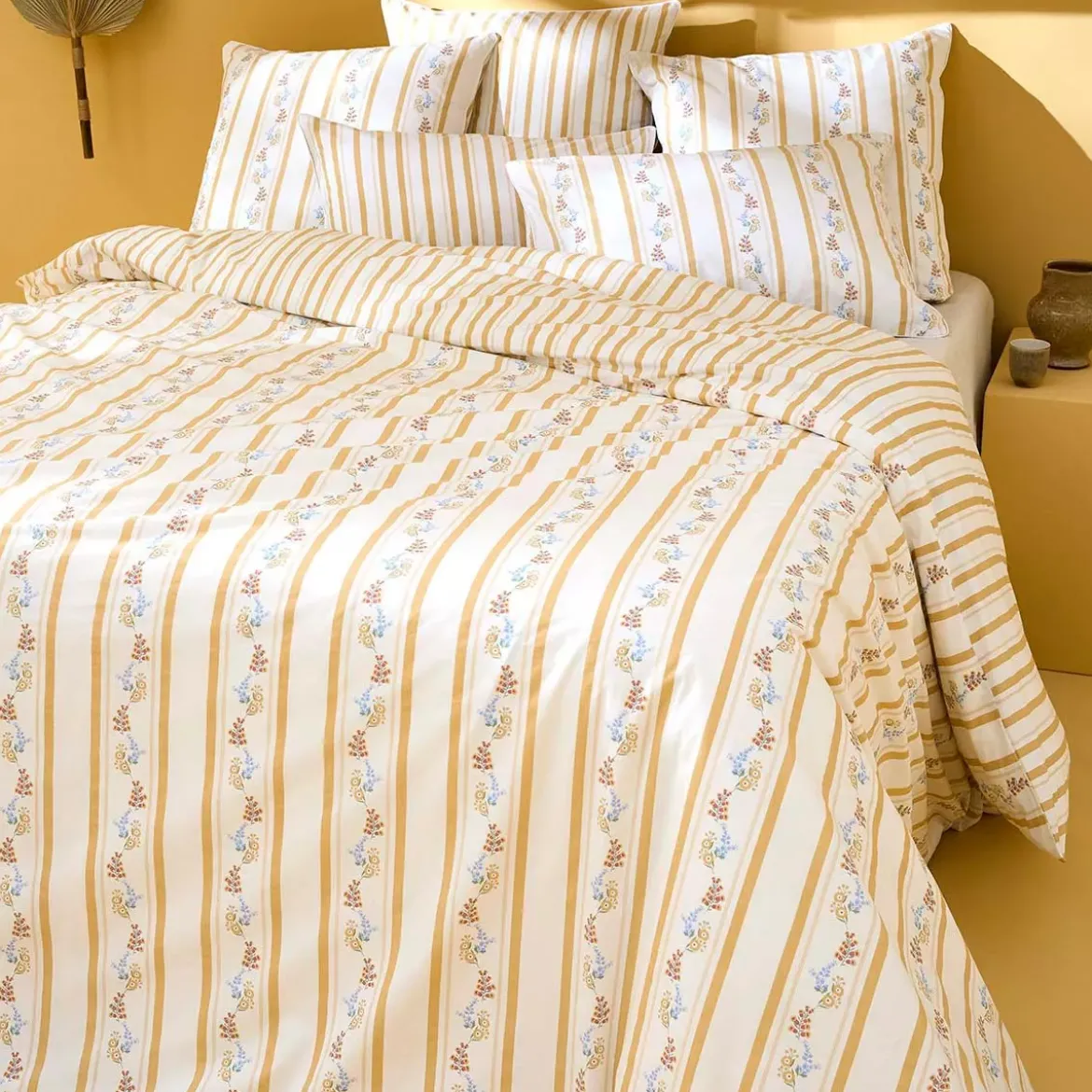 Lot h.couette +taies percale de coton lavé rayé jaune beige Honfleur paille