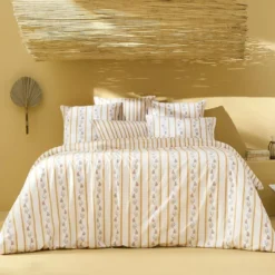 Lot h.couette +taies percale de coton lavé rayé jaune beige Honfleur paille