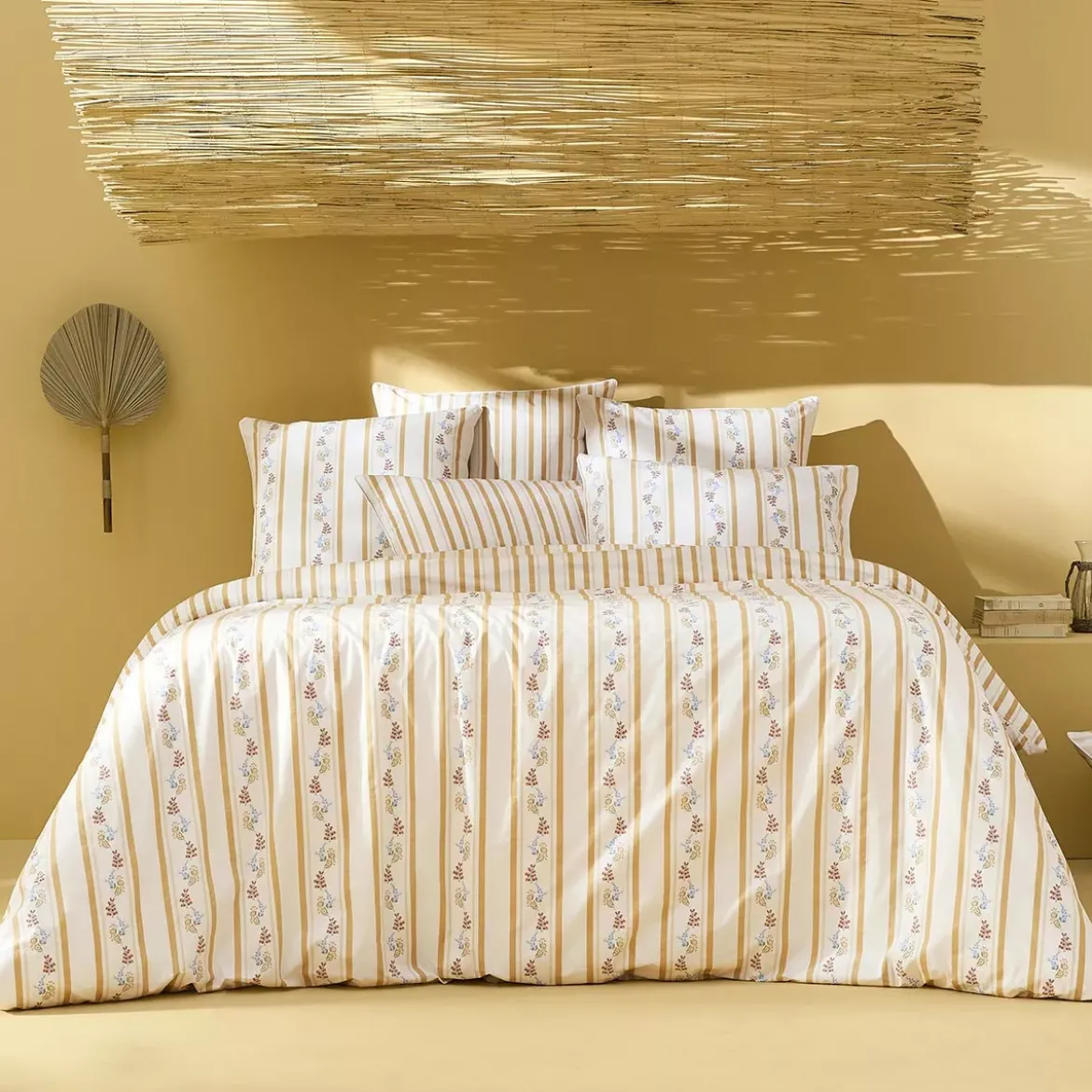 Lot h.couette +taies percale de coton lavé rayé jaune beige Honfleur paille