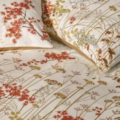 Lot h.couette +taies percale de coton 115 g/m² imprimé beige orange Erables beige