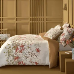 Lot h.couette +taies percale de coton 115 g/m² imprimé beige orange Erables beige
