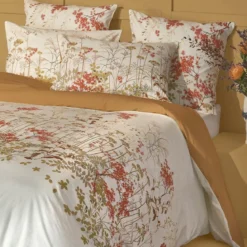 Lot h.couette +taies percale de coton 115 g/m² imprimé beige orange Erables beige