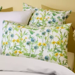 Lot h.couette +taies percale de coton imprimé jaune vert Aube florale prairie
