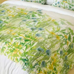 Lot h.couette +taies percale de coton imprimé jaune vert Aube florale prairie
