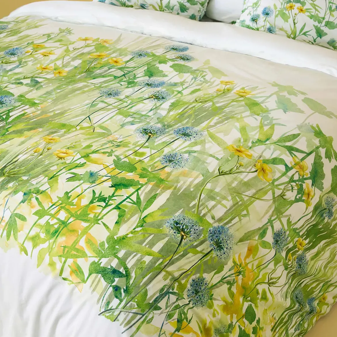 Lot h.couette +taies percale de coton imprimé jaune vert Aube florale prairie