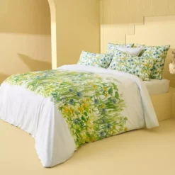 Lot h.couette +taies percale de coton imprimé jaune vert Aube florale prairie