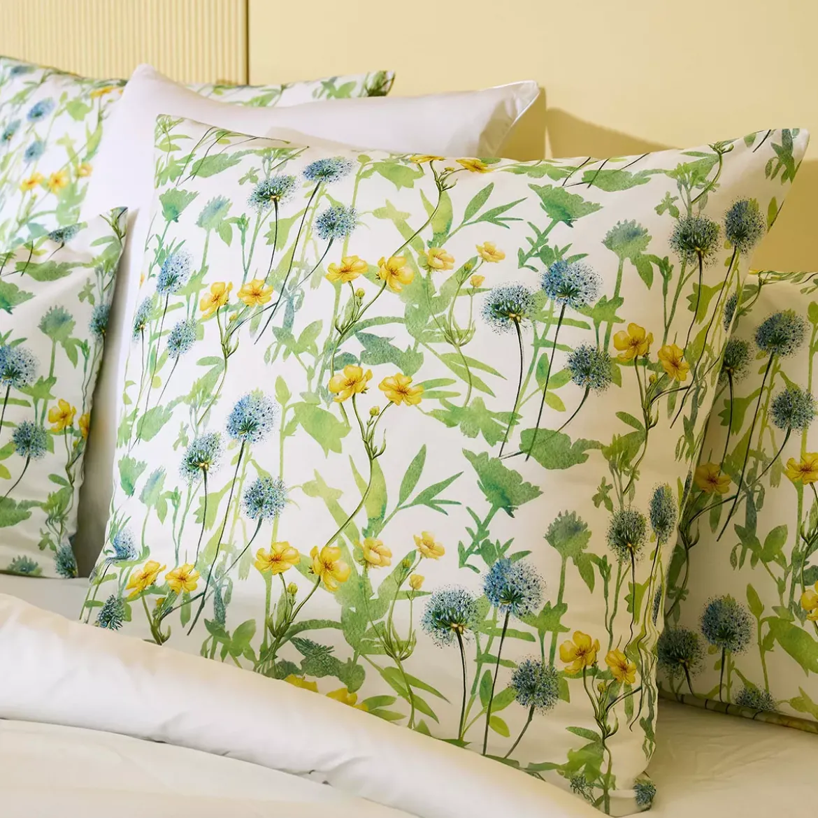 Lot h.couette +taies percale de coton imprimé jaune vert Aube florale prairie