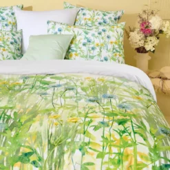 Lot h.couette +taies percale de coton imprimé jaune vert Aube florale prairie
