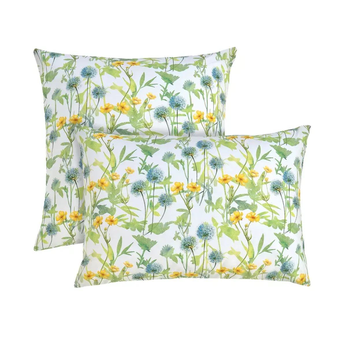 Lot h.couette +taies percale de coton imprimé jaune vert Aube florale prairie