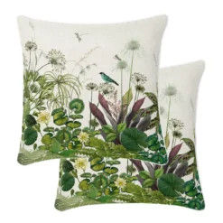 Lot h.couette +taies percale de coton imprimé beige vert Nenuphars parchemin