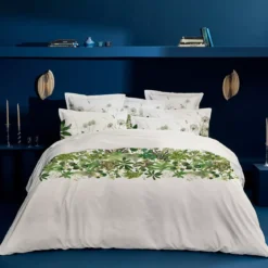 Lot h.couette +taies percale de coton imprimé beige vert Nenuphars parchemin