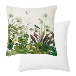 Lot h.couette +taies percale de coton imprimé beige vert Nenuphars parchemin