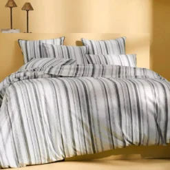 Lot h.couette +taies pur coton lavé tissé teint rayé anthracite noir Portland granit