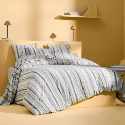 Lot h.couette +taies pur coton lavé tissé teint rayé anthracite noir Portland granit