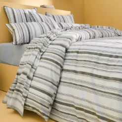 Lot h.couette +taies pur coton lavé tissé teint rayé anthracite noir Portland granit