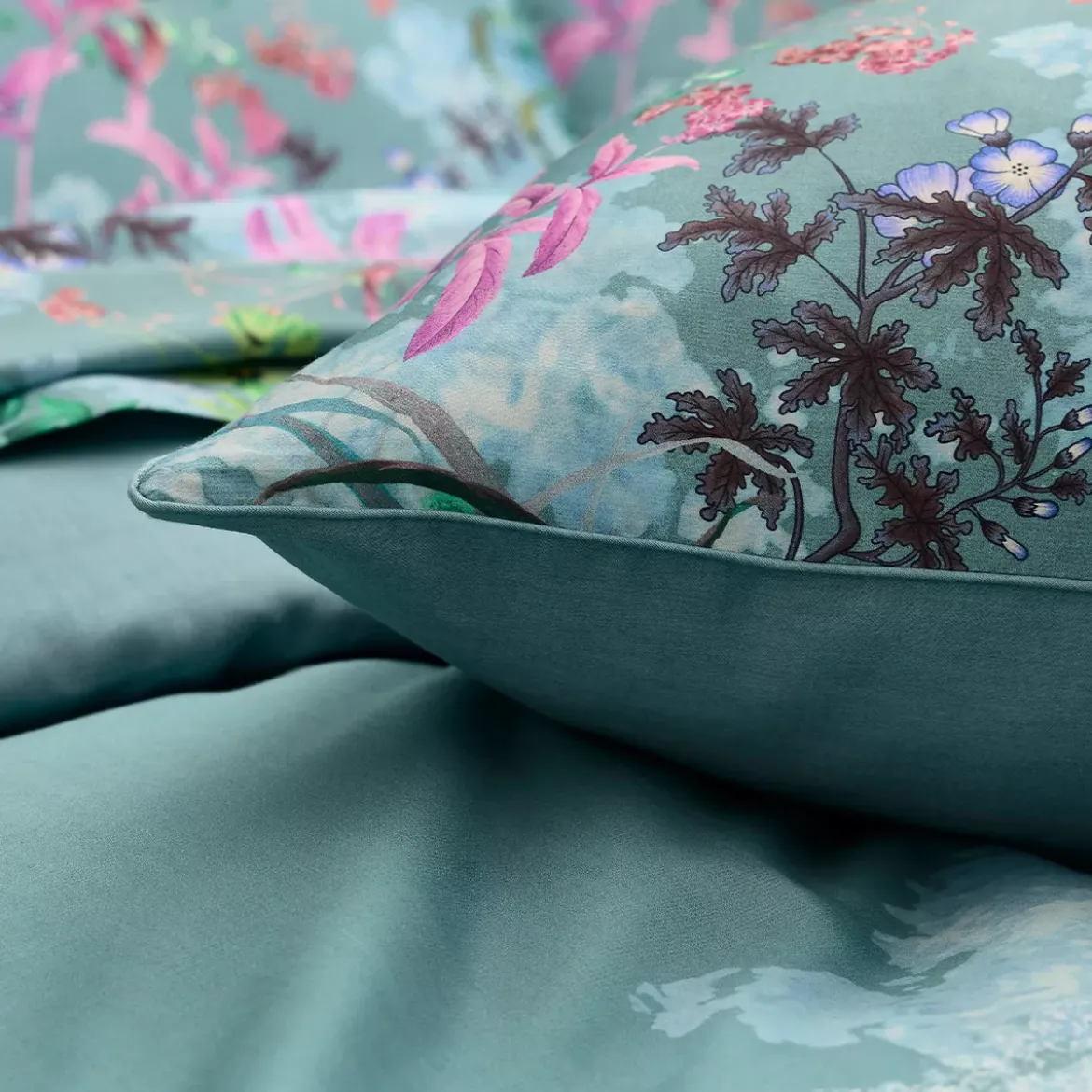 Lot h.couette +taies satin de coton 90 fils/cm² 115 g/m² imprimé bleu violet Ombres boisees givre