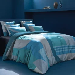 Lot h.couette +taies satin de coton imprimé bleu canard Livio petrole