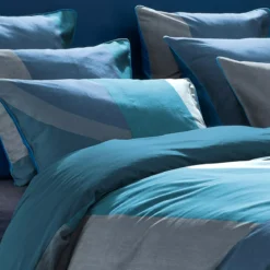 Lot h.couette +taies satin de coton imprimé bleu canard Livio petrole