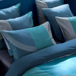 Lot h.couette +taies satin de coton imprimé bleu canard Livio petrole