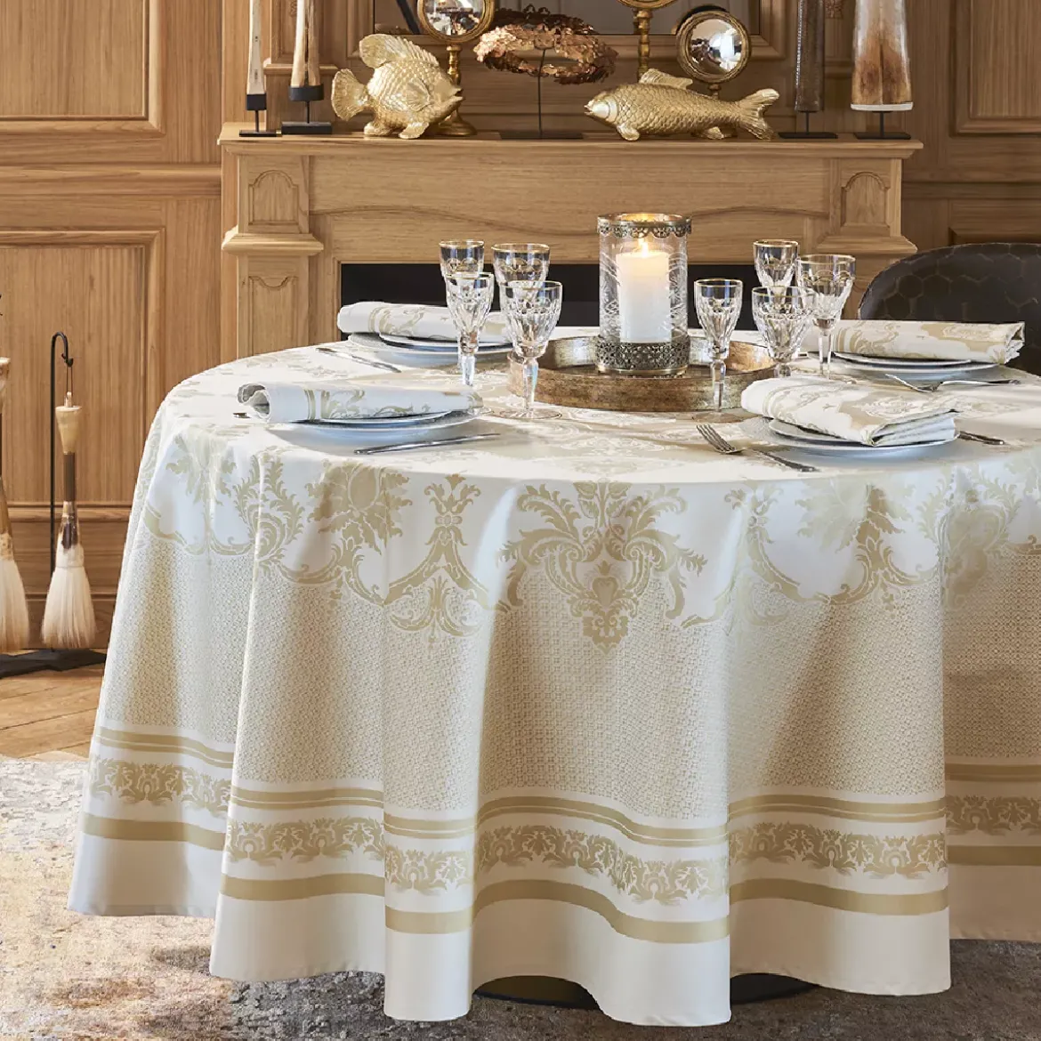 Nappe coton mélangé antitache motif jacquard beige Eleonore dore