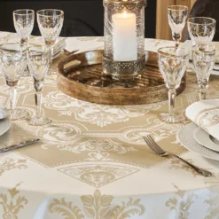 Nappe coton mélangé antitache motif jacquard beige Eleonore dore