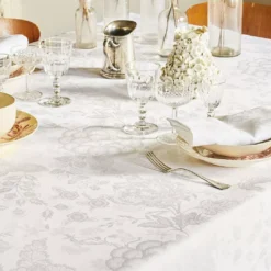 Nappe lin & coton antitache motif jacquard blanc Mille giverny blanc