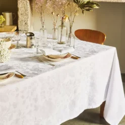 Nappe lin & coton antitache motif jacquard blanc Mille giverny blanc