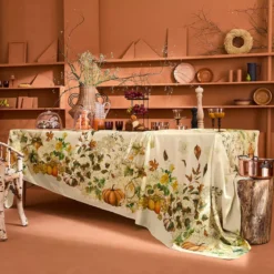 Nappe lin & coton lavé 190 g/m² imprimé beige orange Delices d'automne potiron