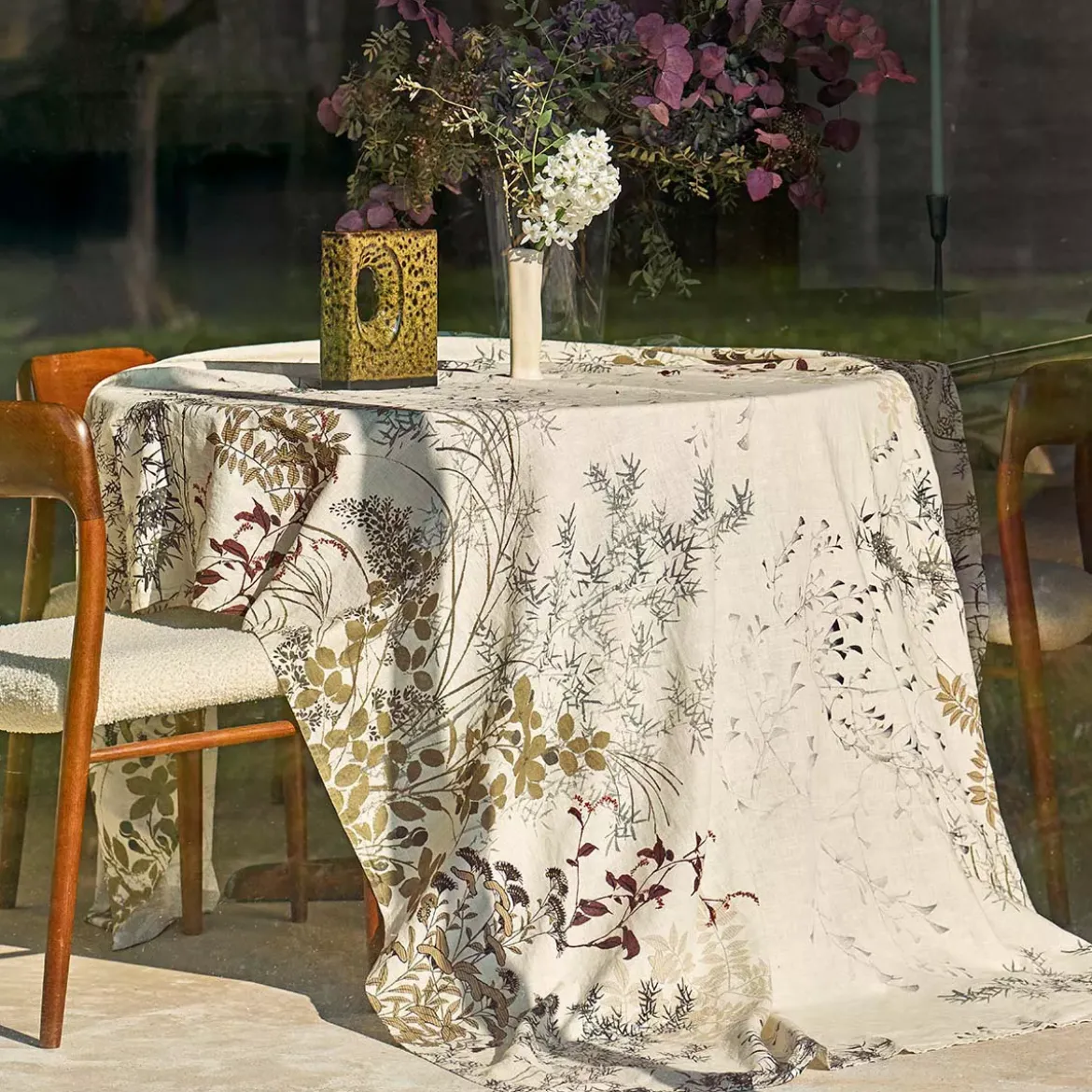 Nappe lin & coton lavé 150 g/m² imprimé beige Bambous parchemin