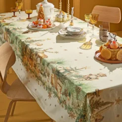 Nappe lin & coton lavé 150 g/m² imprimé beige vert Noel vintage dore