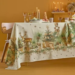 Nappe lin & coton lavé 150 g/m² imprimé beige vert Noel vintage dore