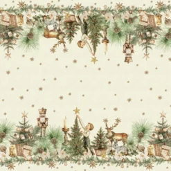 Nappe lin & coton lavé 150 g/m² imprimé beige vert Noel vintage dore