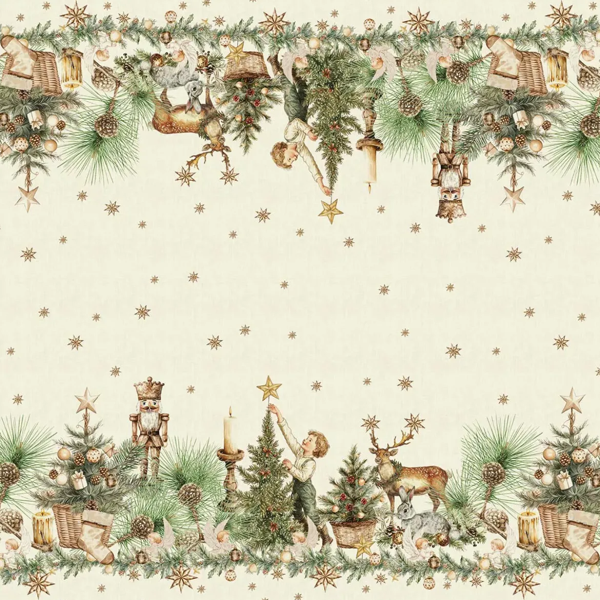 Nappe lin & coton lavé 150 g/m² imprimé beige vert Noel vintage dore